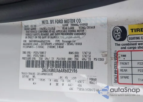 2010 Mercury Milan Premier from USA, damaged, VIN 3MEHM0JA6AR603596